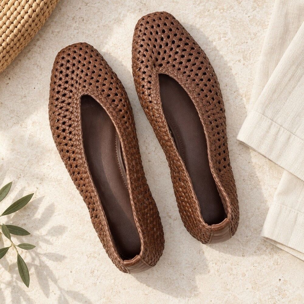 Madewell Ballet Flats Women 9 Brown Leather Mylie Woven Square Toe NU884